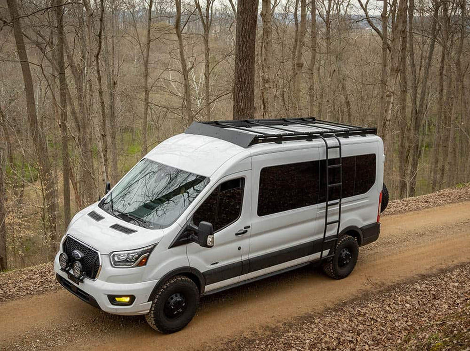 Flatline 2015-2025 Ford Transit 148" Mid Roof Low Pro Roof Rack With Light Bar Fairing – installed on vehicle, image 3 of 13