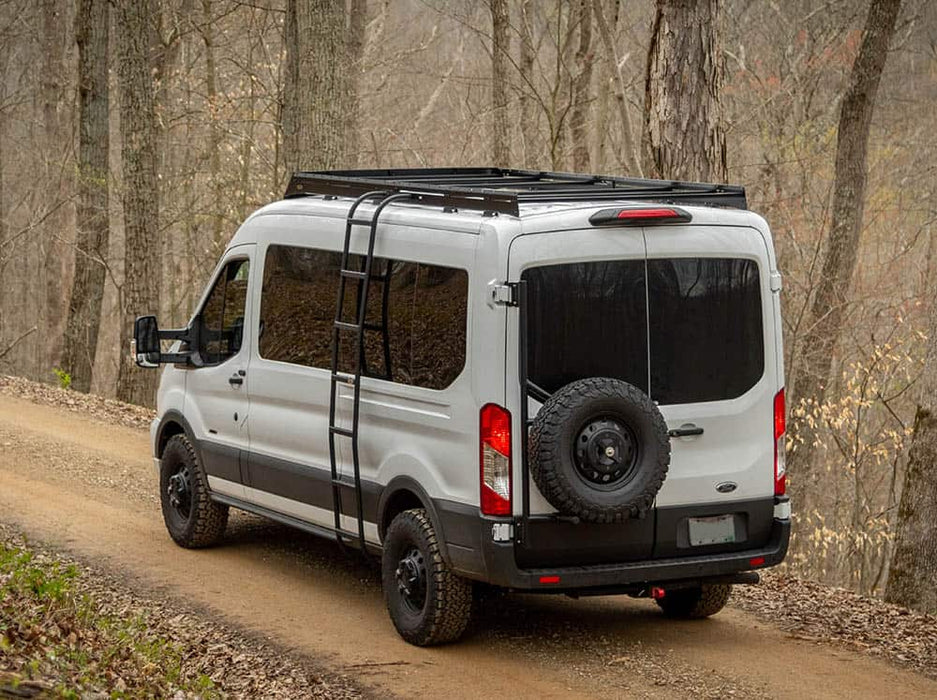 Flatline 2015-2025 Ford Transit 148" Mid Roof Low Pro Roof Rack With Light Bar Fairing – installed on vehicle, image 5 of 13