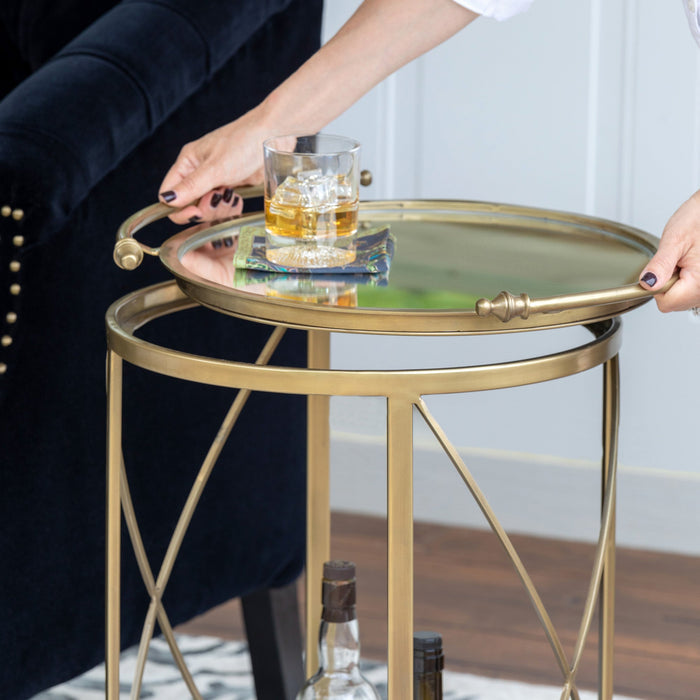 Park Hill Collection Hampton Round Tray Serving Cart - Elegant Steel & Brass Design with Removable Mirror Tray for Easy Use