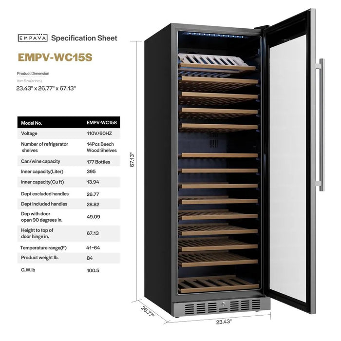 Empava EMPV-WC15S specification sheet with dimension drawing, 23.43 x 26.77 x 67.13 inches