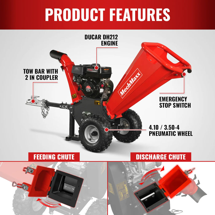 4 inch DUCAR 212cc 7hp Gas Engine Powered Wood Chipper with Towbar,  GS650