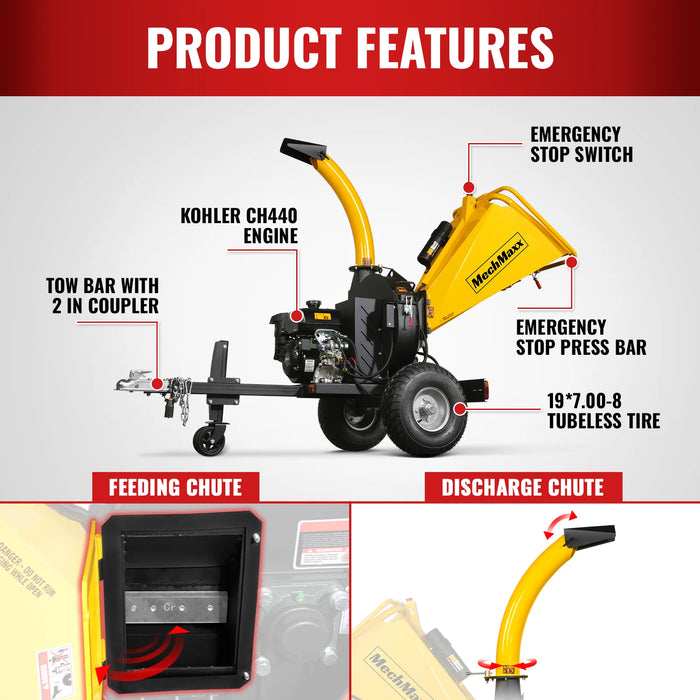 5 inch E-stat KOHLER 429cc 14hp Gasoline Engine Powered Disc Wood Chipper with Taillight ,  P4205