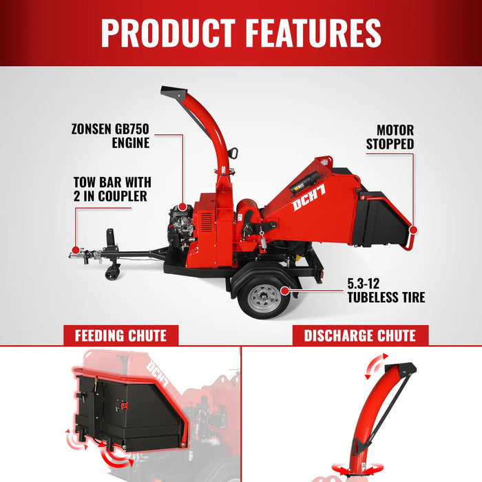 25hp 750cc Twin Cylinder ZONSEN Petrol Engine 7" Hydraulic Feeding Wood Chipper,  DCH7