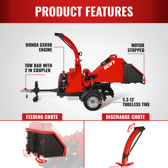 HONDA GX690 22HP 688cc Twin Cylinder Gasoline Engine Powered 7" Hydraulic Feeding Wood Chipper,  DCH7
