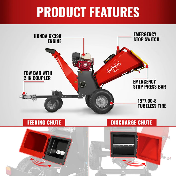 6 inch HONDA E-Start Gasoline Engine Powered 4 - Wheel Drum Wood Chipper with Taillight ,  B150