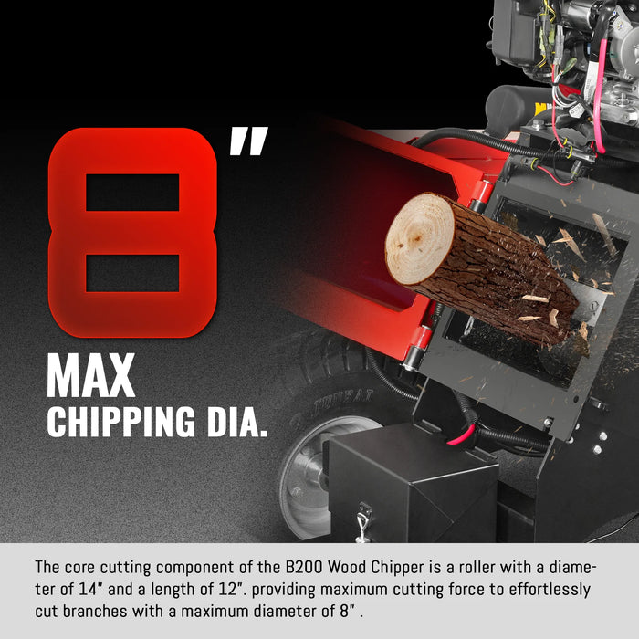 8 inch HONDA E-Start 688cc 22hp Gas Powered 4 - Wheel Drum Wood Chipper with Taillight ,  B200