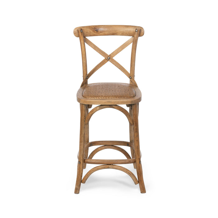 Park Hill Collection Wooden Cross Back Counter Stool - Rustic Aged Finish, Cane Woven Seat, Perfect for Farmhouse Decor
