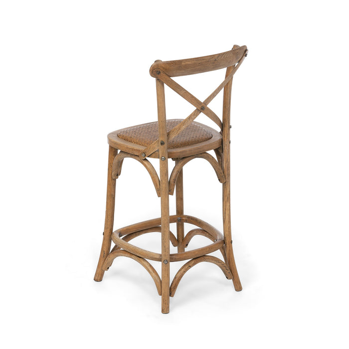Park Hill Collection Wooden Cross Back Counter Stool - Rustic Aged Finish, Cane Woven Seat, Perfect for Farmhouse Decor