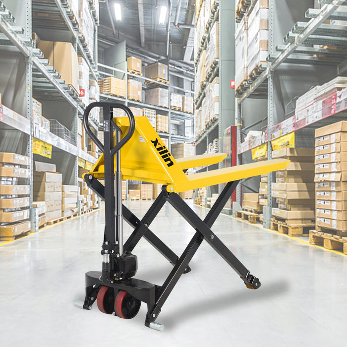 Xilin JF-685 high lift pallet jack fork and load detail