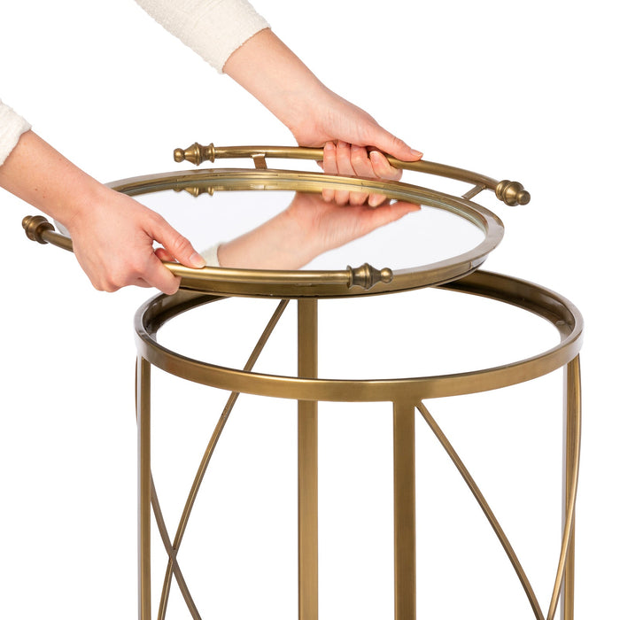 Park Hill Collection Hampton Round Tray Serving Cart - Elegant Steel & Brass Design with Removable Mirror Tray for Easy Use
