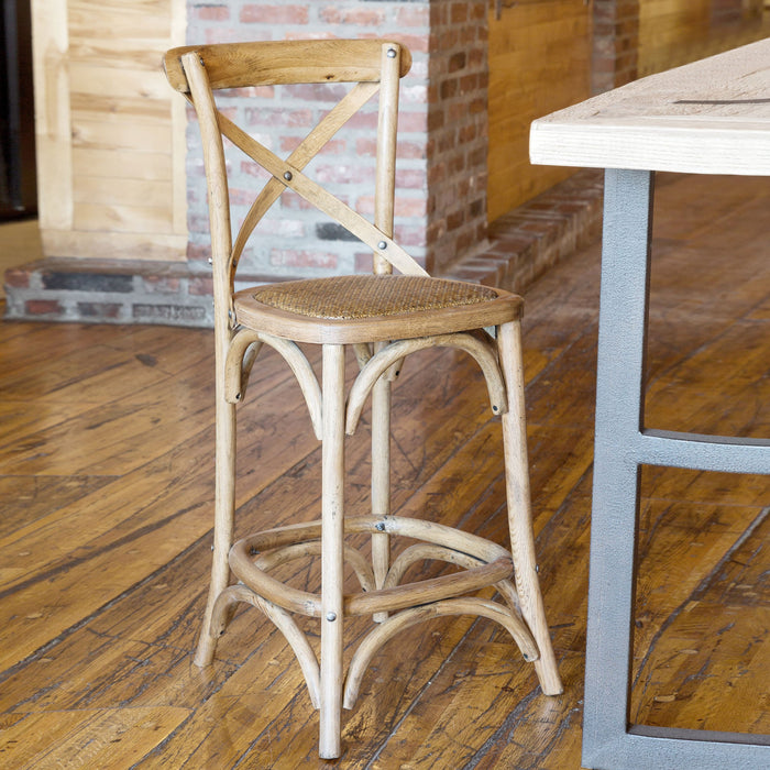 Park Hill Collection Wooden Cross Back Counter Stool - Rustic Aged Finish, Cane Woven Seat, Perfect for Farmhouse Decor