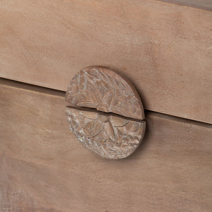 Park Hill Collection Rosette Hand-Carved Mango Wood Side Table with Drawer & Elegant Medallion Design - Natural Finish