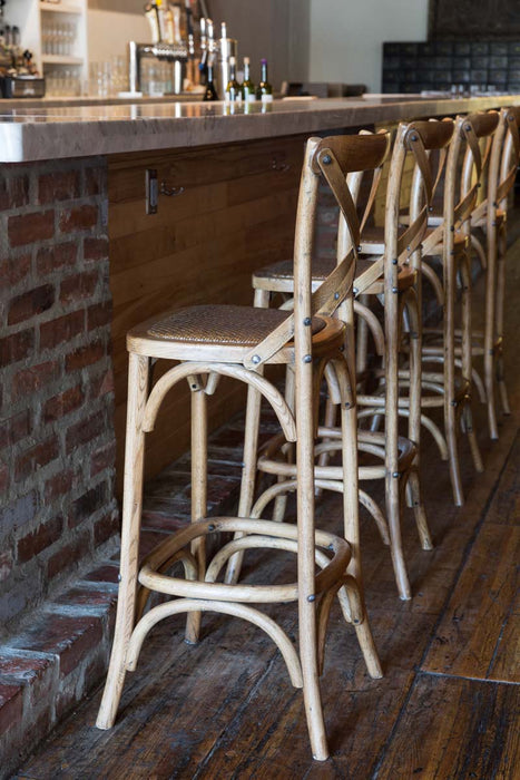 Park Hill Collection Wooden Cross Back Counter Stool - Rustic Aged Finish, Cane Woven Seat, Perfect for Farmhouse Decor