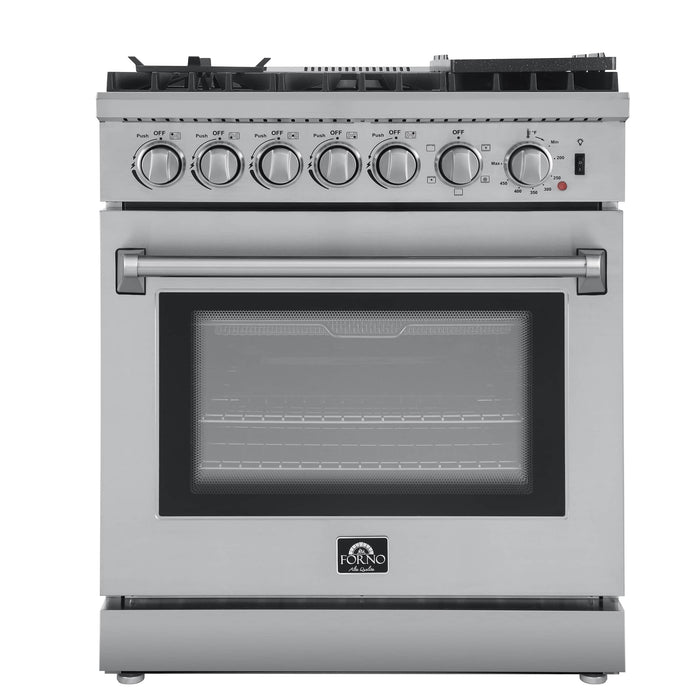 Forno 4-Piece Appliance Package - 30-Inch Dual Fuel Range with Air Fyer, 56-Inch Pro-Style Refrigerator, Wall Mount Hood with Backsplash, & 3-Rack Dishwasher in Stainless Steel FORNO
