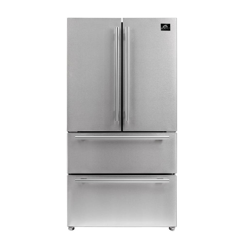 Forno 3-Piece Appliance Package - 30-Inch Dual Fuel Range with Air Fryer, 36-Inch Refrigerator & Wall Mount Hood with Backsplash in Stainless Steel