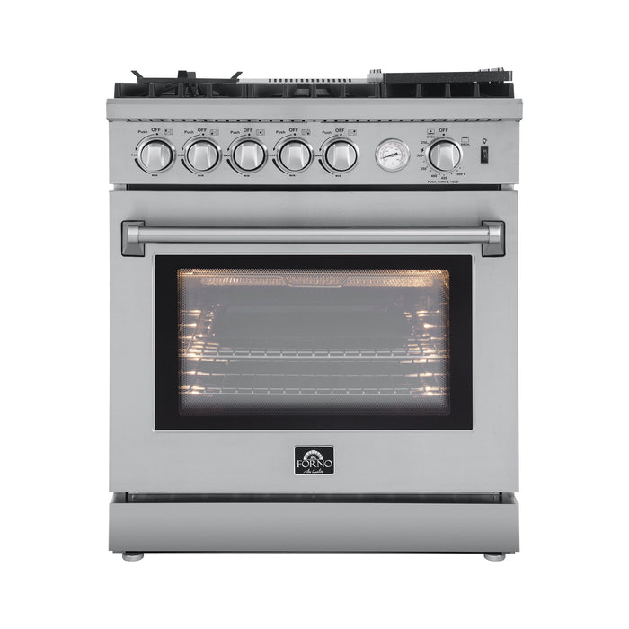 Forno 5-Piece Appliance Package - 30-Inch Gas Range with Air Fryer, Refrigerator with Water Dispenser, Wall Mount Hood, Microwave Oven, & 3-Rack Dishwasher in Stainless Steel FORNO