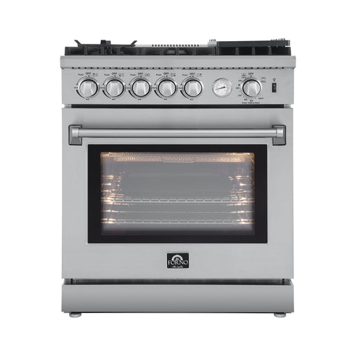 Forno 5-Piece Appliance Package - 30-Inch Gas Range with Air Fryer, Refrigerator, Wall Mount Hood with Backsplash, Microwave Drawer, & 3-Rack Dishwasher in Stainless Steel FORNO