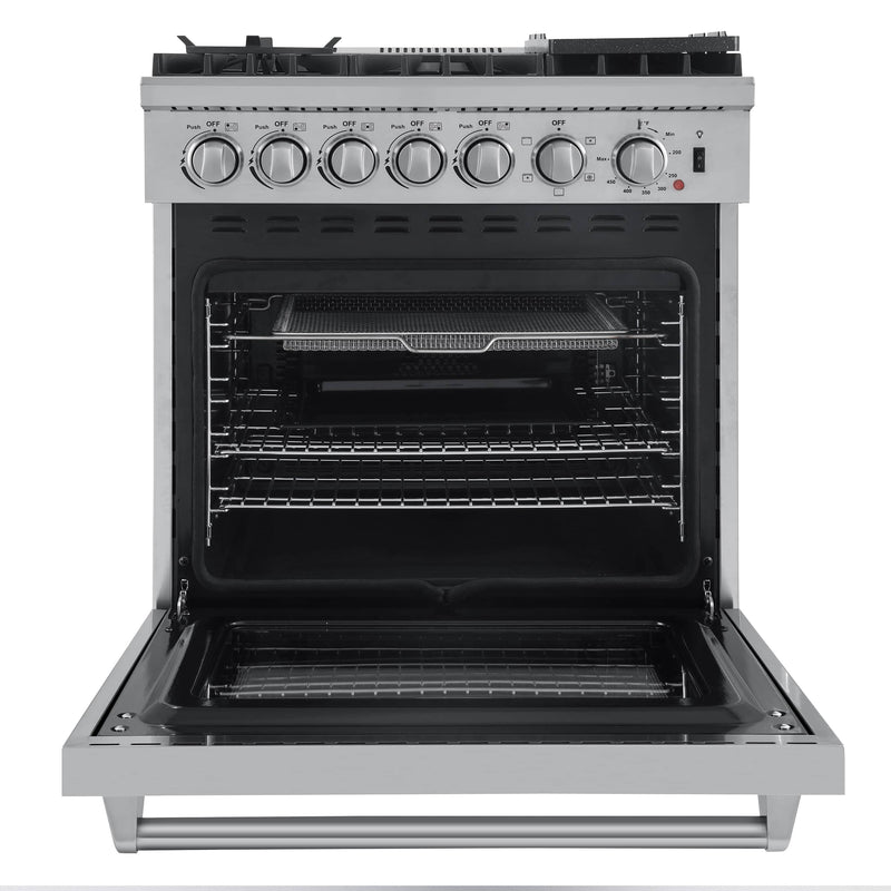 Forno 5-Piece Appliance Package - 30-Inch Dual Fuel Range with Air Fryer, Refrigerator, Wall Mount Hood, Microwave Oven, & 3-Rack Dishwasher in Stainless Steel
