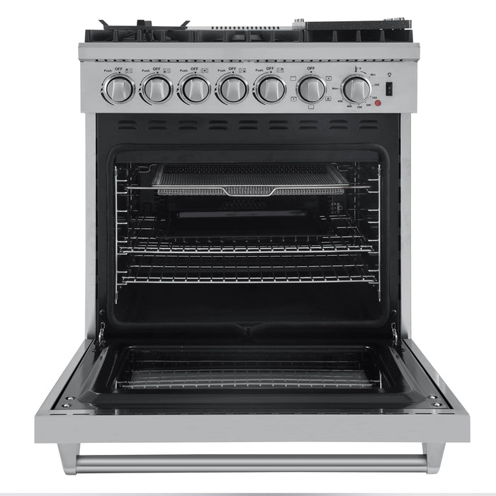 Forno 3-Piece Appliance Package - 30-Inch Dual Fuel Range with Air Fryer, 60-Inch Pro-Style Refrigerator & Wall Mount Hood with Backsplash in Stainless Steel FORNO