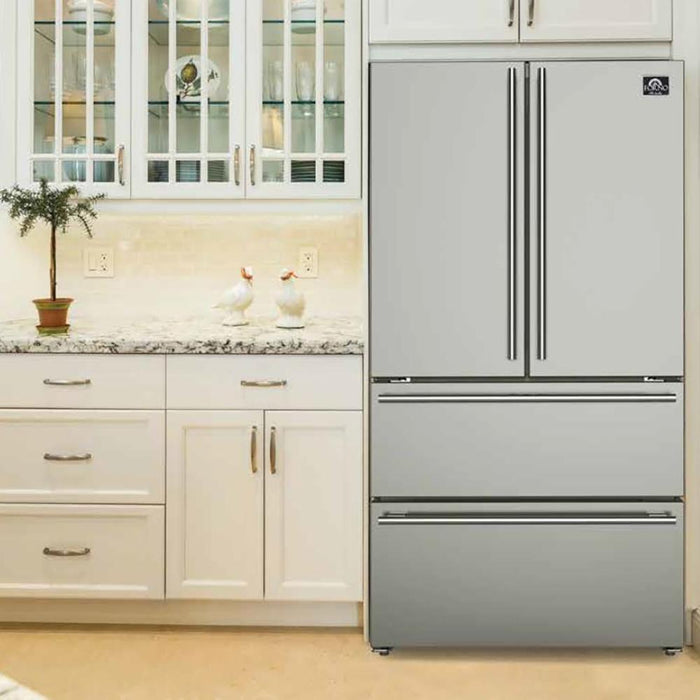 Forno 5-Piece Pro Appliance Package - 48-Inch Dual Fuel Range, Refrigerator, Wall Mount Hood with Backsplash, Microwave Oven, & 3-Rack Dishwasher in Stainless Steel FORNO