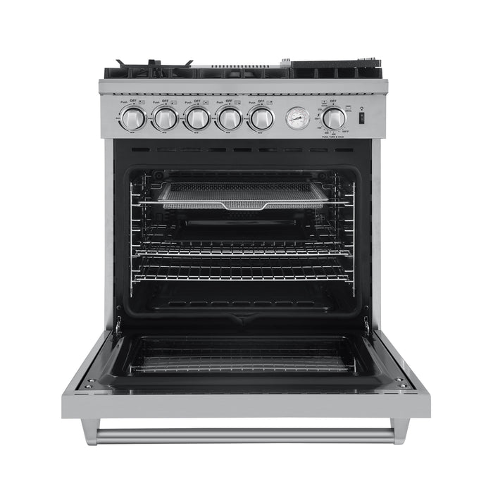 Forno 5-Piece Appliance Package - 30-Inch Gas Range with Air Fryer, Refrigerator with Water Dispenser, Wall Mount Hood with Backsplash, Microwave Oven, & 3-Rack Dishwasher in Stainless Steel FORNO