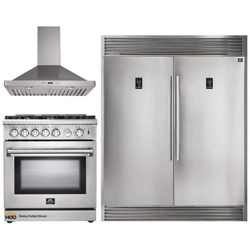 Forno 3-Piece Appliance Package - 30-Inch Gas Range, Pro-Style Refrigerator, and Wall Mount Hood in Stainless Steel FORNO