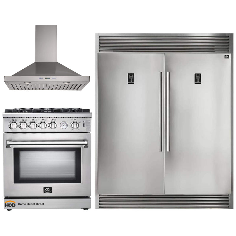 Forno 3-Piece Appliance Package - 30-Inch Gas Range, Pro-Style Refrigerator, and Wall Mount Hood in Stainless Steel