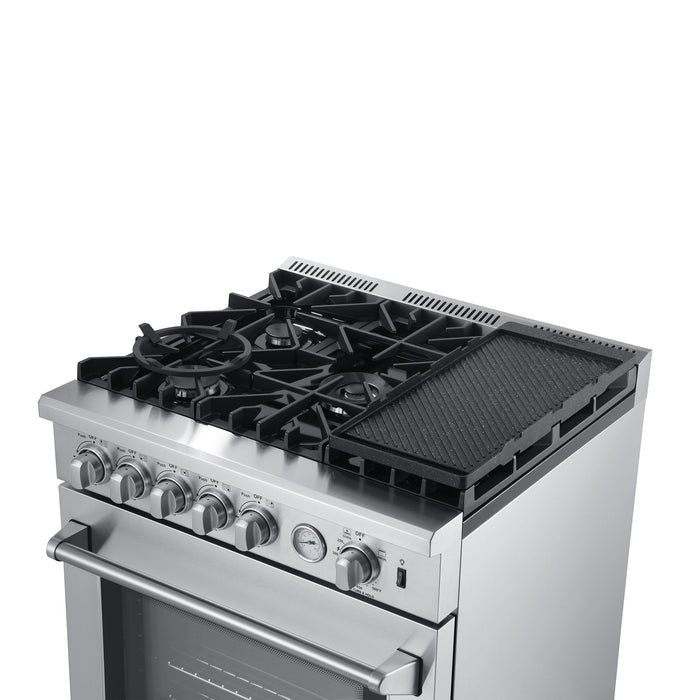 Forno 5-Piece Appliance Package - 30-Inch Gas Range with Air Fryer, Refrigerator with Water Dispenser, Wall Mount Hood, Microwave Oven, & 3-Rack Dishwasher in Stainless Steel FORNO