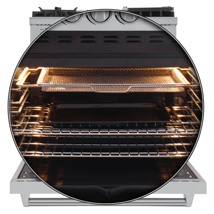 Forno 4-Piece Appliance Package - 30-Inch Dual Fuel Range with Air Fryer, 56-Inch Pro-Style Refrigerator, Wall Mount Hood, & 3-Rack Dishwasher in Stainless Steel FORNO