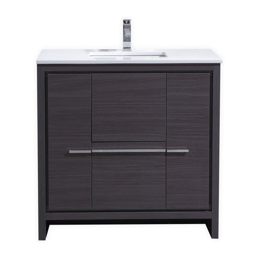 KubeBath Dolce 24″ Gray Oak Modern Bathroom Vanity with White Quartz Counter-Top KubeBath