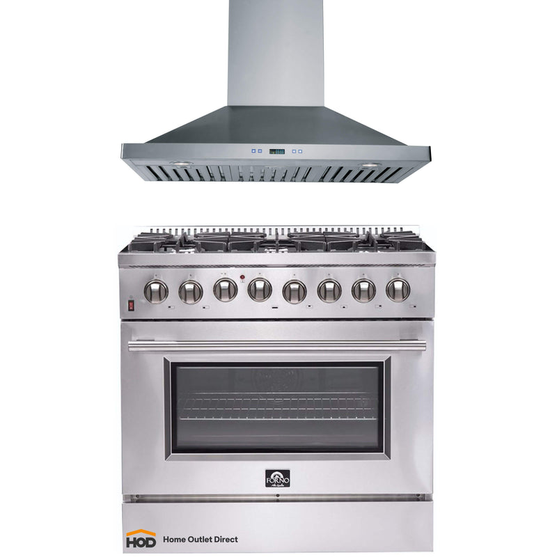 Forno 2-Piece Appliance Package - 36-Inch Dual Fuel Range & Wall Mount Hood in Stainless Steel