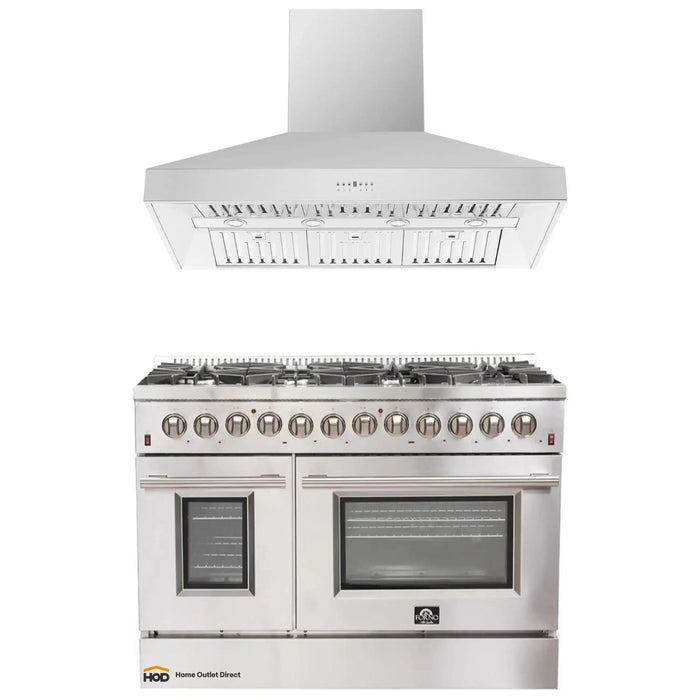 Forno 2-Piece Appliance Package - 48-Inch Dual Fuel Range & Wall Mount Hood in Stainless Steel FORNO