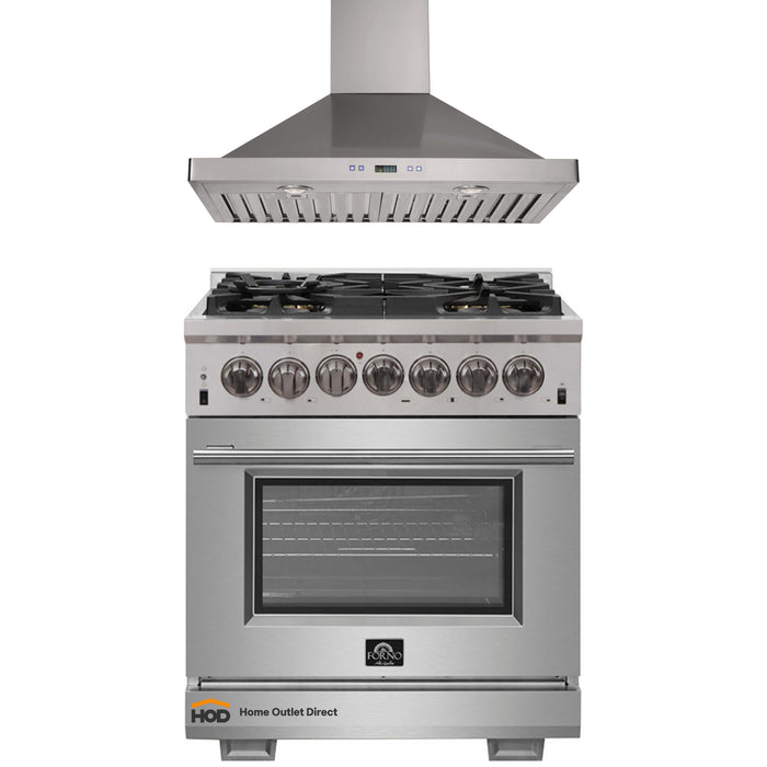 Forno 2-Piece Pro Appliance Package - 30-Inch Dual Fuel Range & Wall Mount Hood in Stainless Steel FORNO