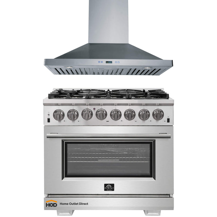 Forno 2-Piece Pro Appliance Package - 36-Inch Dual Fuel Range & Wall Mount Hood in Stainless Steel FORNO