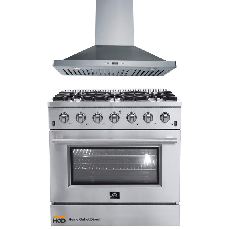 Forno 2-Piece Appliance Package - 36-Inch Gas Range & Wall Mount Hood in Stainless Steel