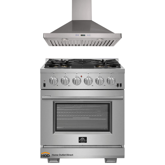 Forno 2-Piece Pro Appliance Package - 30-Inch Gas Range & Wall Mount Hood in Stainless Steel FORNO