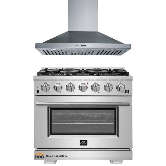 Forno 2-Piece Pro Appliance Package - 36-Inch Gas Range & Wall Mount Hood in Stainless Steel FORNO