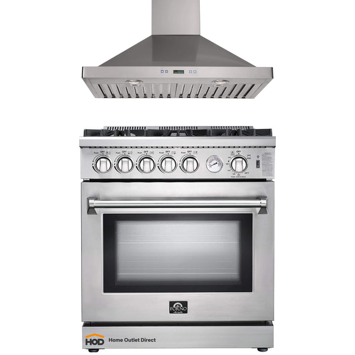 Forno 2-Piece Appliance Package - 30-Inch Gas Range & Wall Mount Hood in Stainless Steel FORNO