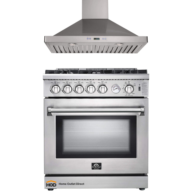 Forno 2-Piece Appliance Package - 30-Inch Gas Range & Wall Mount Hood in Stainless Steel