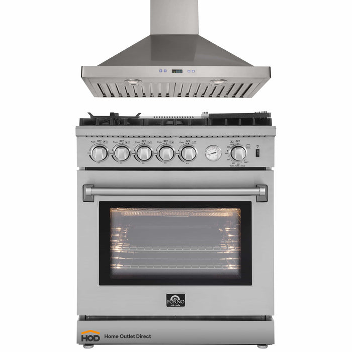 Forno 2-Piece Appliance Package - 30-Inch Gas Range with Air Fryer & Wall Mount Hood in Stainless Steel FORNO