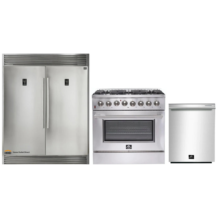 Forno 3-Piece Appliance Package - 36-Inch Dual Fuel Range, Pro-Style Refrigerator, and Dishwasher in Stainless Steel FORNO