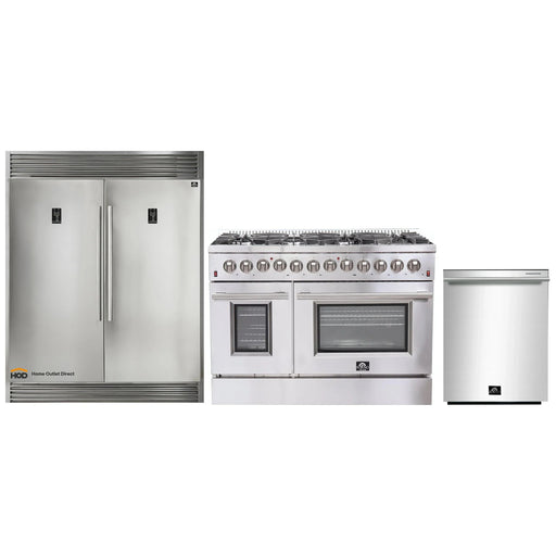 Forno 3-Piece Appliance Package - 48-Inch Dual Fuel Range, Pro-Style Refrigerator, and Dishwasher in Stainless Steel FORNO