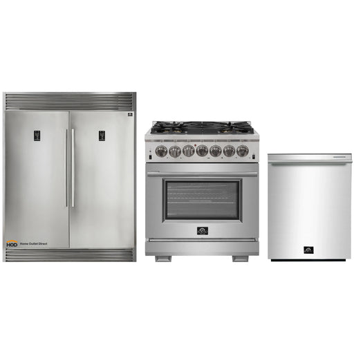 Forno 3-Piece Pro Appliance Package - 30-Inch Dual Fuel Range, Pro-Style Refrigerator, and Dishwasher in Stainless Steel FORNO