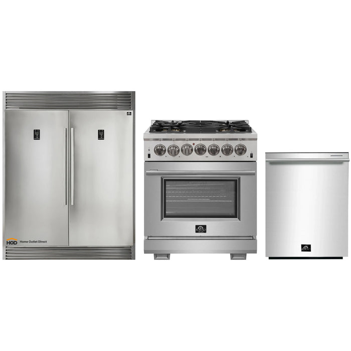 Forno 3-Piece Pro Appliance Package - 30-Inch Dual Fuel Range, Pro-Style Refrigerator, and Dishwasher in Stainless Steel FORNO