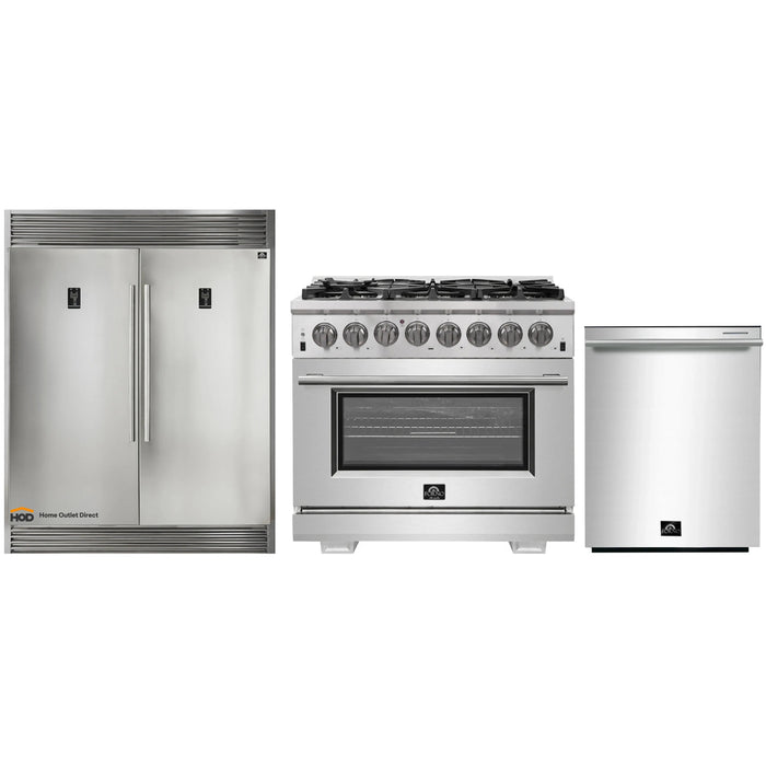 Forno 3-Piece Pro Appliance Package - 36-Inch Dual Fuel Range, Pro-Style Refrigerator, and Dishwasher in Stainless Steel FORNO