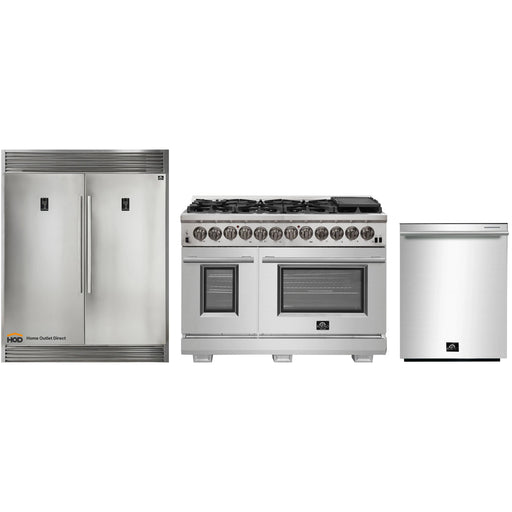Forno 3-Piece Pro Appliance Package - 48-Inch Dual Fuel Range, Pro-Style Refrigerator, and Dishwasher in Stainless Steel FORNO