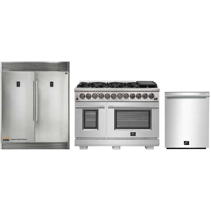 Forno 3-Piece Pro Appliance Package - 48-Inch Dual Fuel Range, Pro-Style Refrigerator, and Dishwasher in Stainless Steel FORNO