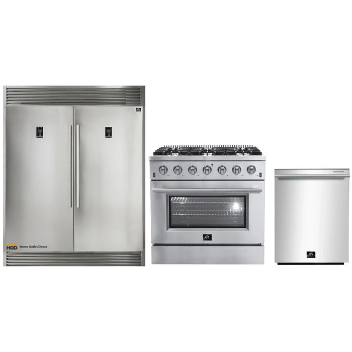 Forno 3-Piece Appliance Package - 36-Inch Gas Range, Pro-Style Refrigerator, and Dishwasher in Stainless Steel FORNO