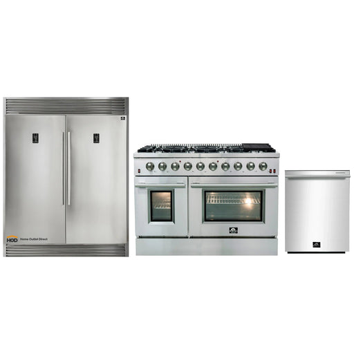 Forno 3-Piece Appliance Package - 48-Inch Gas Range, Pro-Style Refrigerator, and Dishwasher in Stainless Steel FORNO