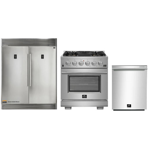 Forno 3-Piece Pro Appliance Package - 30-Inch Gas Range, Pro-Style Refrigerator, and Dishwasher in Stainless Steel FORNO